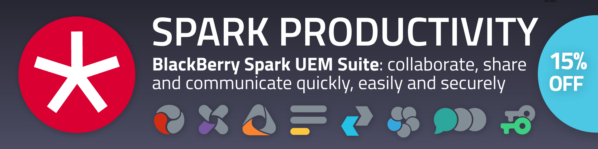 Banner that reads Spark Productivity. BlackBerry Spark UEM Suite: collaborate, share and communicate quickly, easily and securely. 15% off - only from Idency.