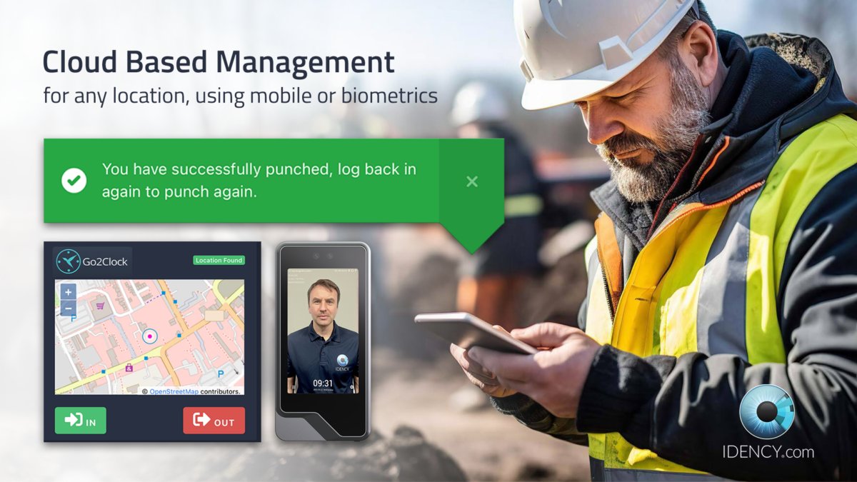 time & attendance for construction - cloud based time & attendance solution. Graphic showing construction worker clocking in on portable device. Graphic also shows face recognition device.